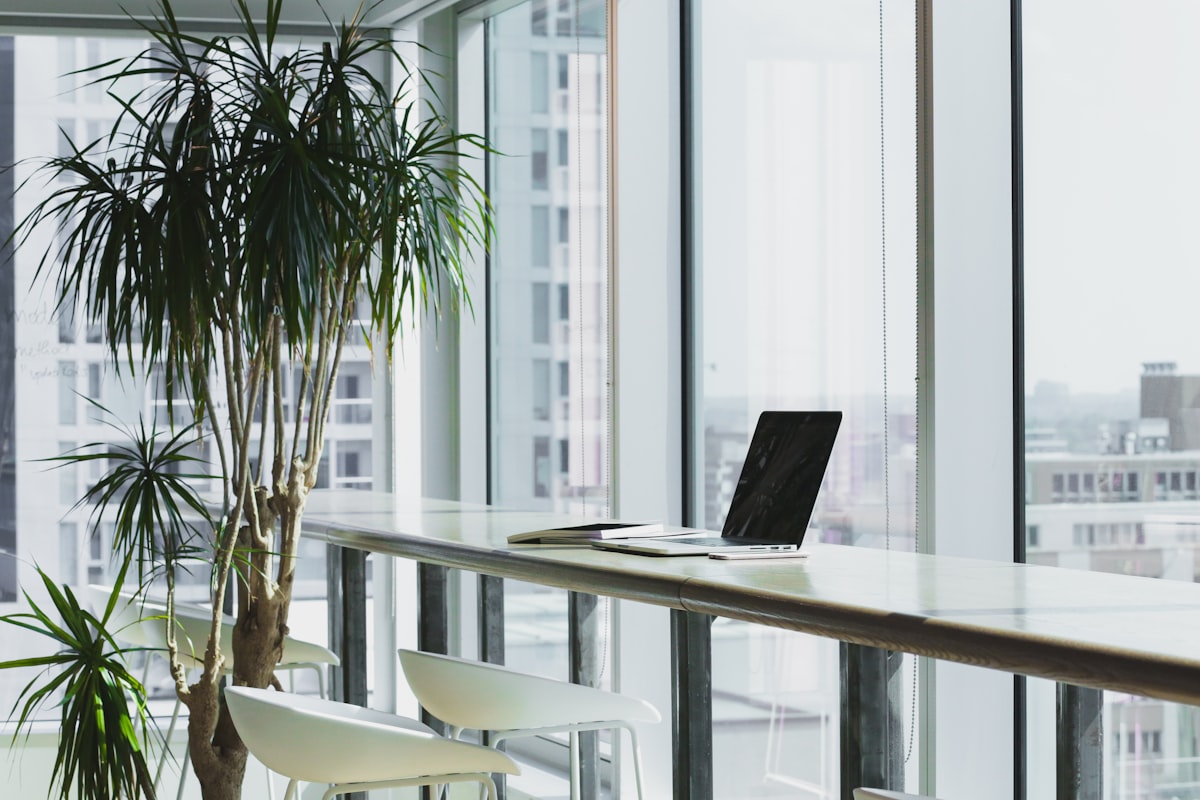 Well-adjusted desk workspace with laptop at a clean standing desk near a window